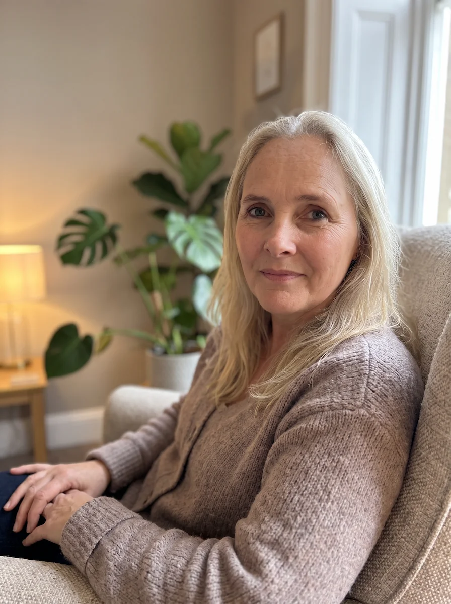 Kelly Combe seated ready for a counselling session