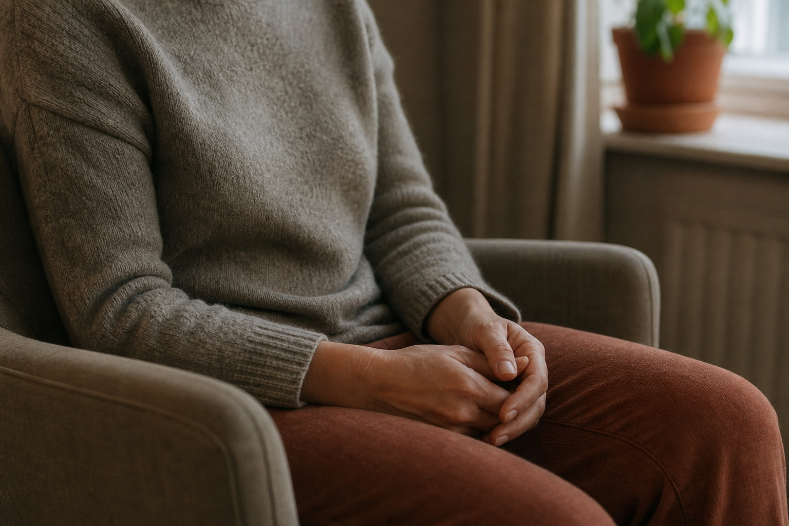 Person sitting comfortably with relaxed hands