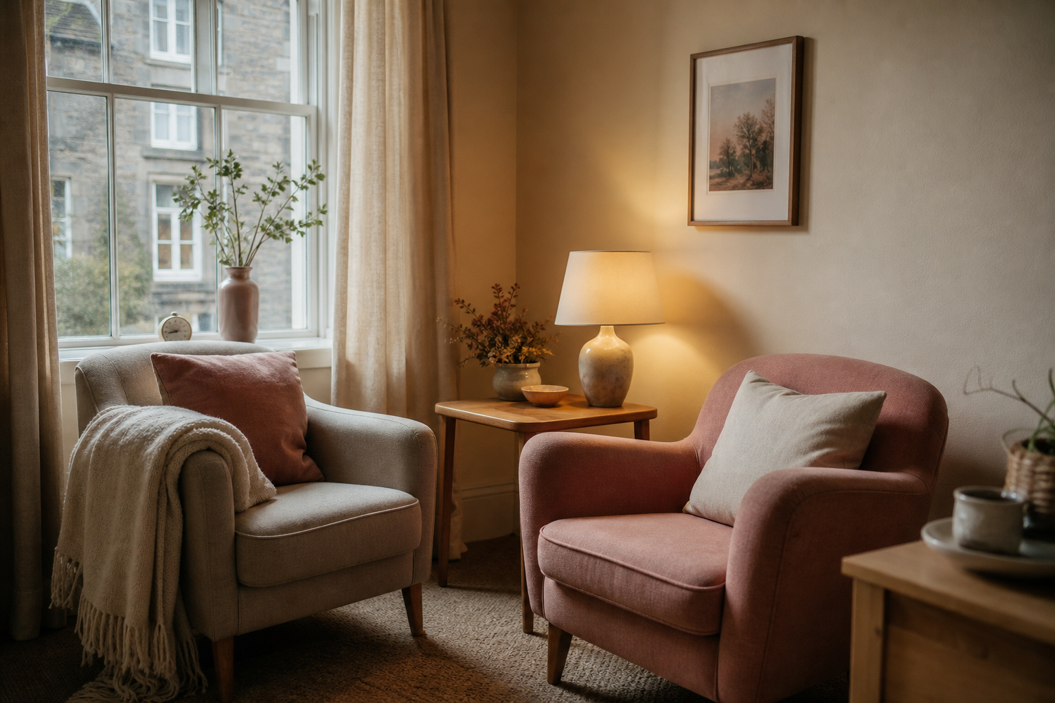 Warm, quiet therapy room with two armchairs
